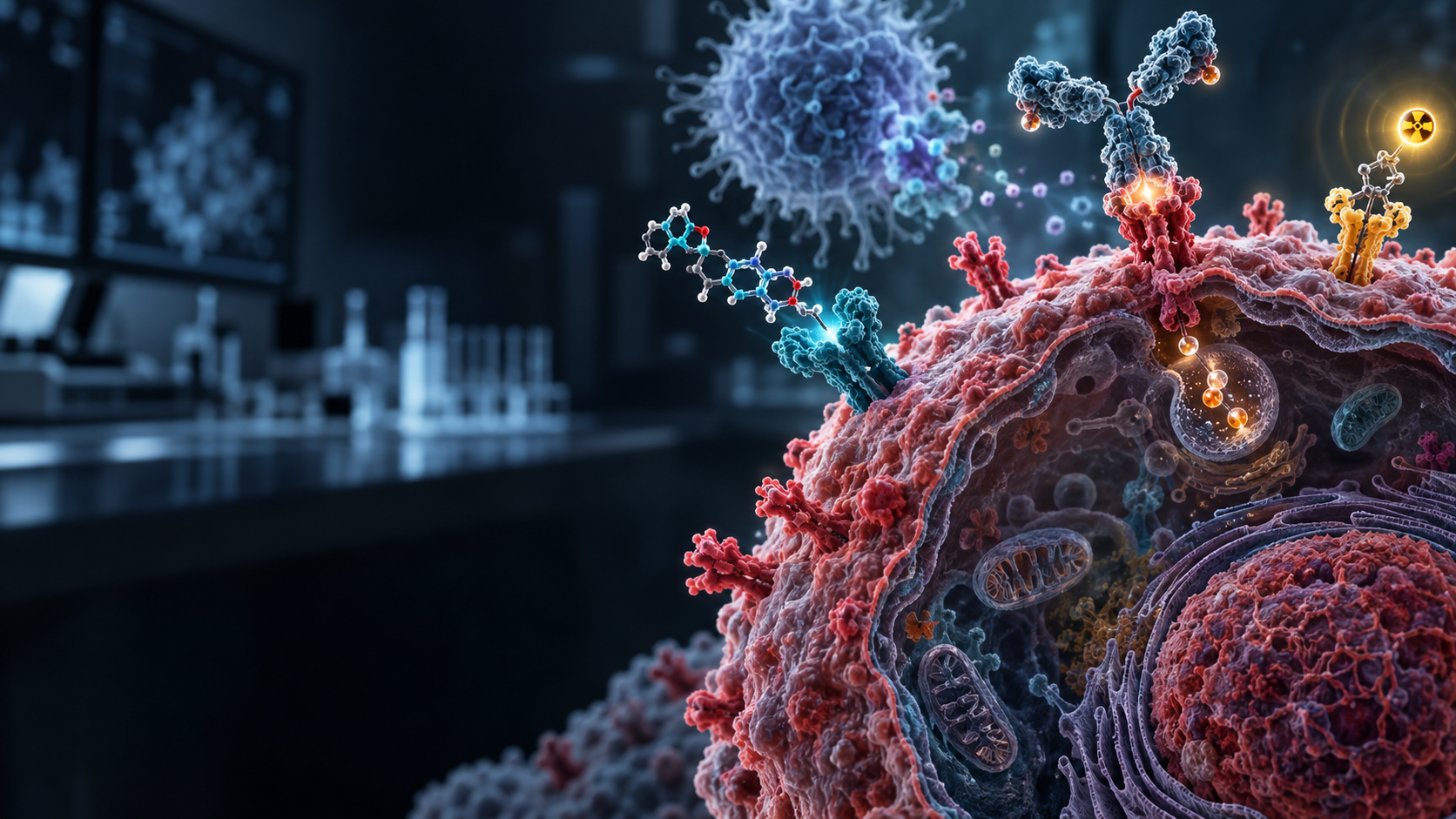 Scientific illustration of precision medicines targeting receptors on a cancer cell